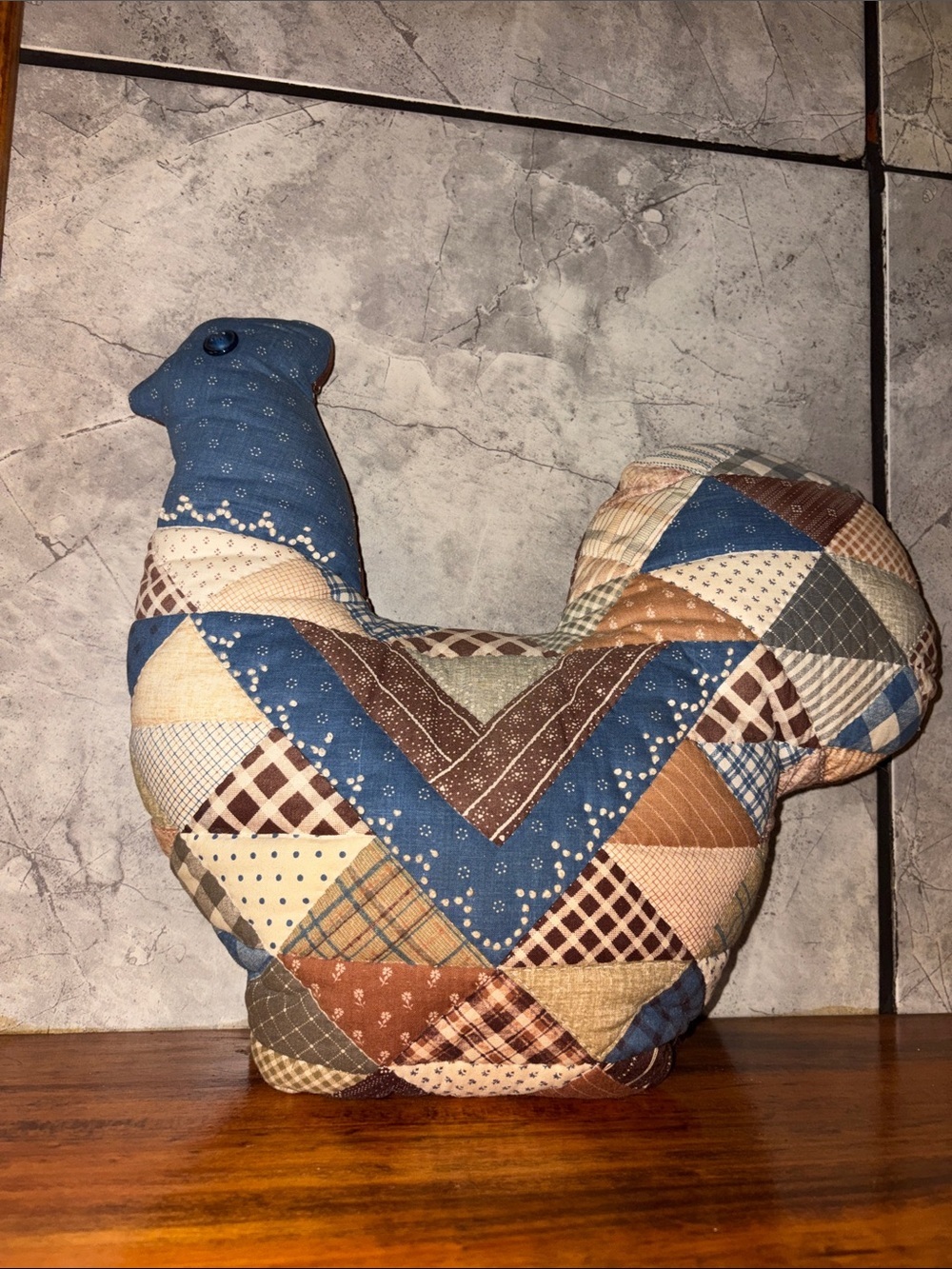 Vintage 90s Patchwork Quilted Chicken Accent Pillow in Blue and Brown Handmade